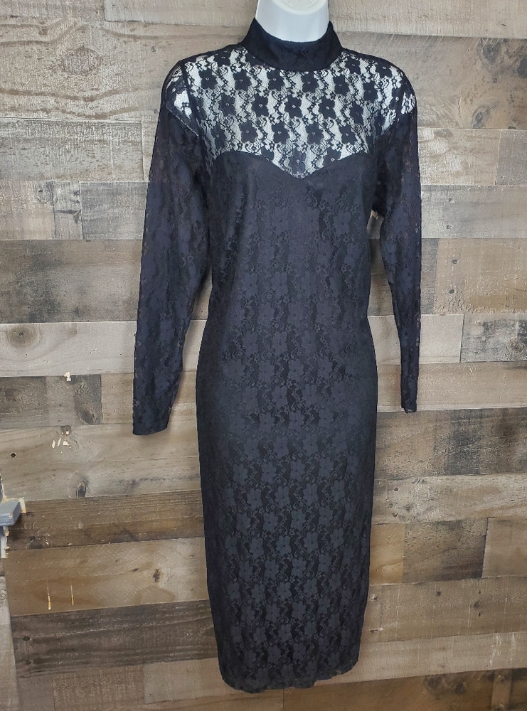 Asos Curve Long Sleeve Mockneck All Over Lace Pencil Midi Dress